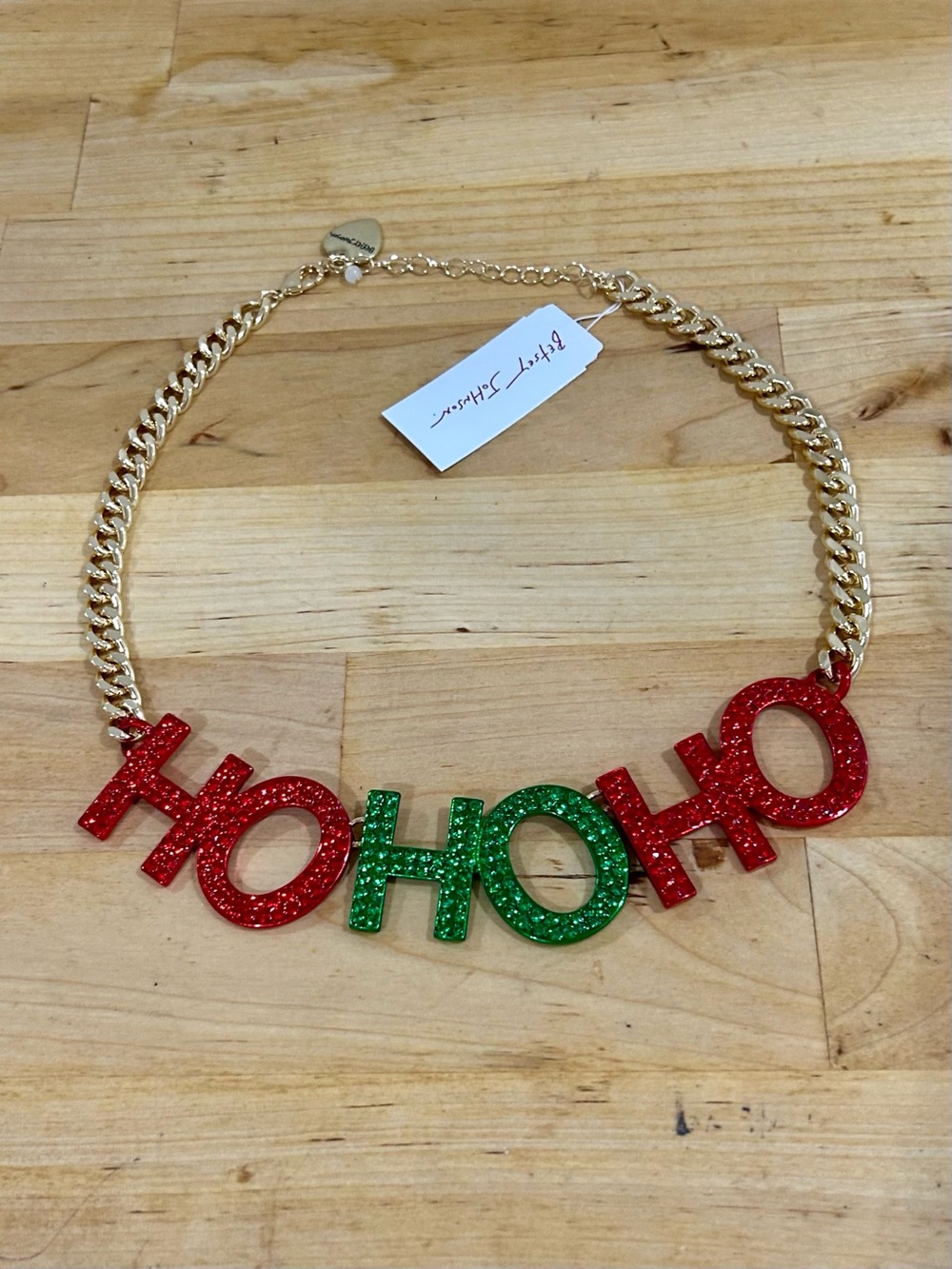Betsey Johnson Red Green Gold Christmas Crystal Ho Ho Ho Necklace Santa